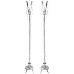 Pair of Silver Plated Torchiere Lamps by Tommi Parzinger