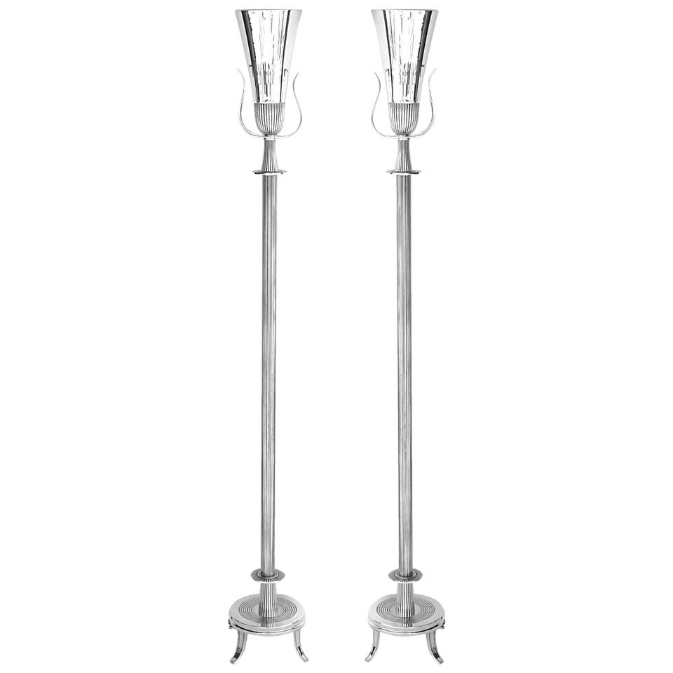 Pair of Silver Plated Torchiere Lamps by Tommi Parzinger For Sale