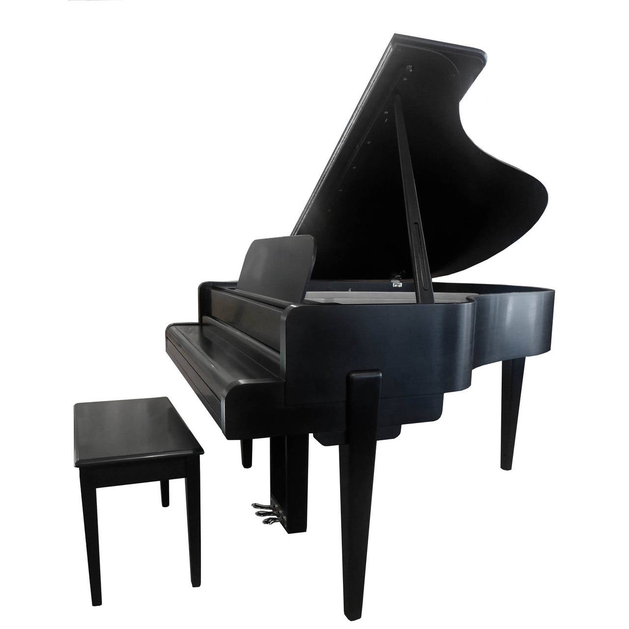 Fantastic streamline Steinway model M baby grand piano. It was the more popular of two models that Teaque designed for Steinway in 1938. Every detail is an ode to streamline modern design. The finish is a satin black and the keys are the original