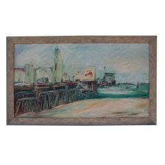 Vintage Framed 1950's Oil Painting Santa Monica Pier by Lou Krugman