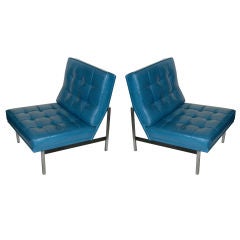 Pair of Florence Knoll Parallel Bar Chairs in Cerulean Leather