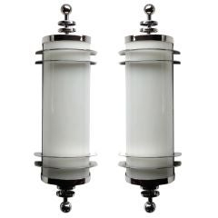 Rare Pair of Streamline Art Deco Sconces in Nickel & White Glass