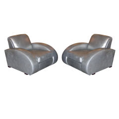 Pair of Streamline Art Deco Club Chairs in Silver Pearl Leather