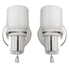 Pair of Original Art Deco Porcelain and Glass bathroom Sconces