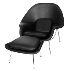 Vintage Black Leather Eero Saarinen Womb Chair & Ottoman Knoll