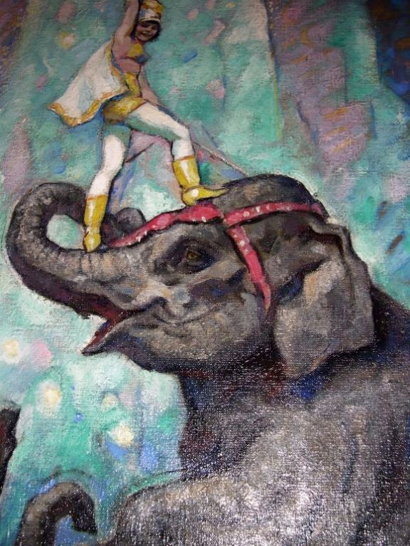 This is a wonderful framed oil on canvas from 1947 of Ringling Bros. performer, Dolly Jacobs and her Elephants. It is signed and dated in the upper right hand corner,
