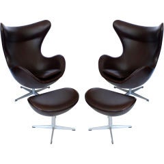 Vintage Pair Dk. Brown Leather Egg Chairs w/ Ottomans by Arne Jacobbsen