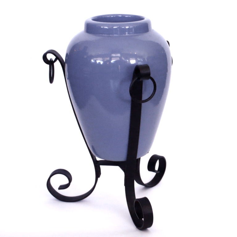 20th Century 1930's  Blue Pottery Urn w/ Wrought Iron Stand by Pardre, CA