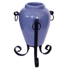 Vintage 1930's  Blue Pottery Urn w/ Wrought Iron Stand by Pardre, CA