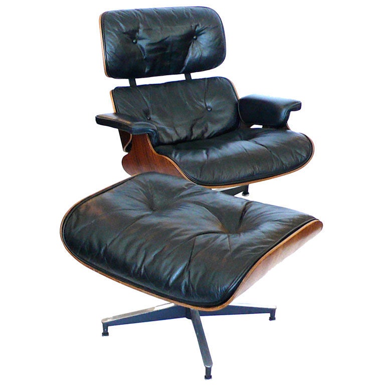 Original 1965 Eames 670 Lounge Chair & 671 Ottoman Black Leather