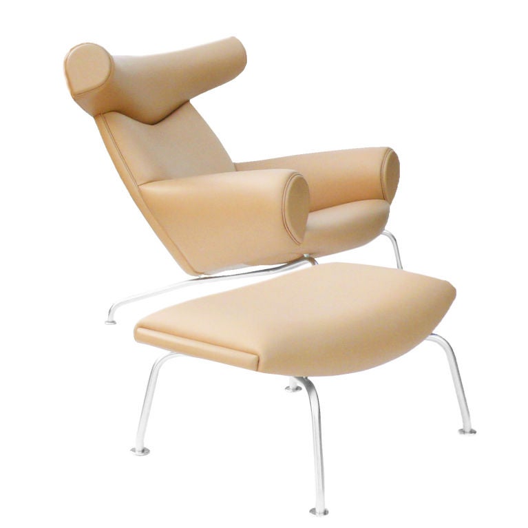 Mid-Century Modern Ox Chair & Ottoman by Hans Wegner in Camel Leather