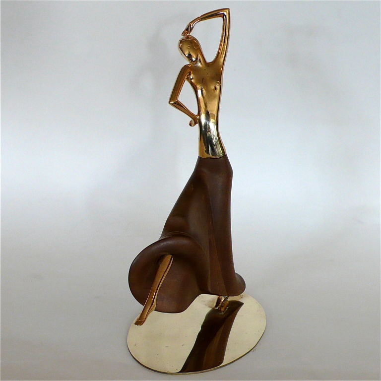 Art Deco Early Brass & Walnut Dancing Figure by Hagenauer For Sale