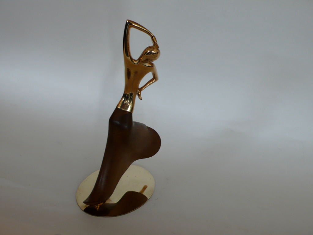 Hand-Carved Early Brass & Walnut Dancing Figure by Hagenauer For Sale