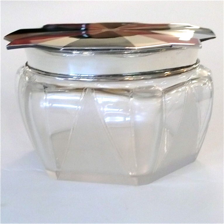 American Rare Art Deco Sterling and Enamel Covered Crystal Container For Sale