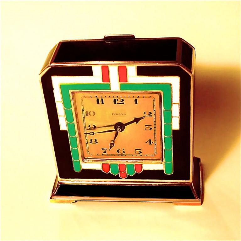 Rare Art Deco Sterling & Gilt Enamel Clock by Lemania