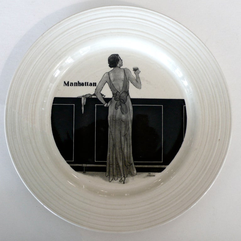 Ceramic Set of 6 1930's Art Deco Cocktail Plates by Crown Ducal, England