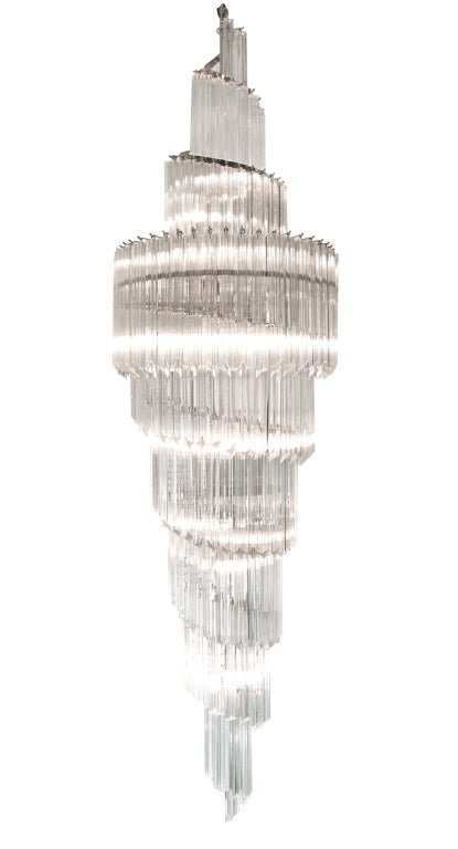 This double spiral chandelier is idealy suited for an area where the chandelier is viewed from the top, bottom and sides. The double sided spiral hides the visual impact of the frame and sockets from all angles. The crystals are the four sided star