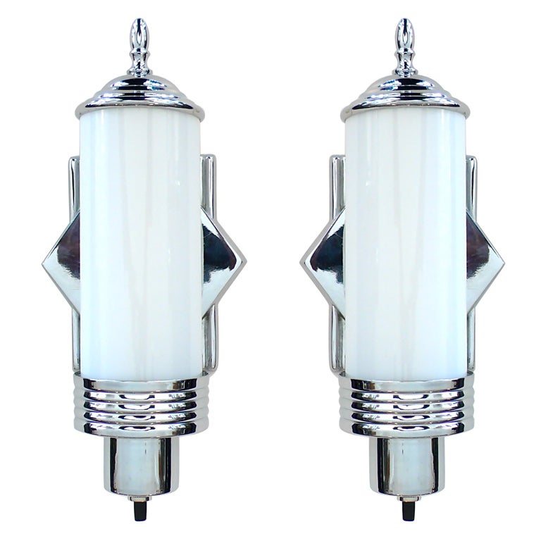 Pair of Original Art Deco Chrome and Glass Wall  Sconces