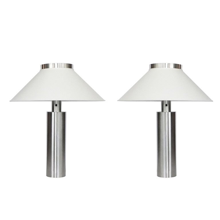 Pair of Large Satin Nickel Table Lamps by Nessen Studios For Sale
