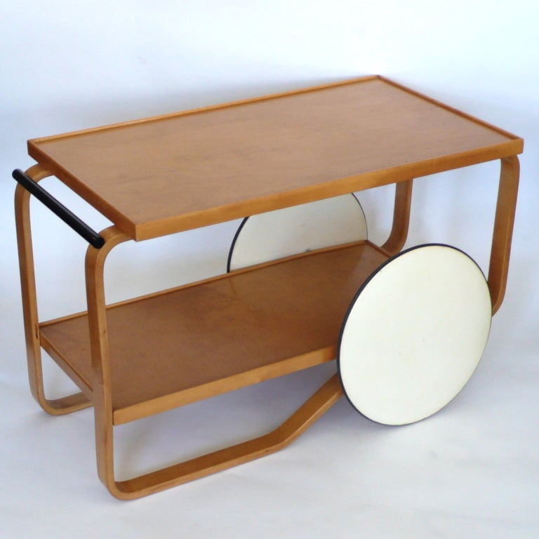 This great original trolley cart was designed by Alvar Aalto, produced in Sweden by Artek and retailed in the United States by Finsven in New York.