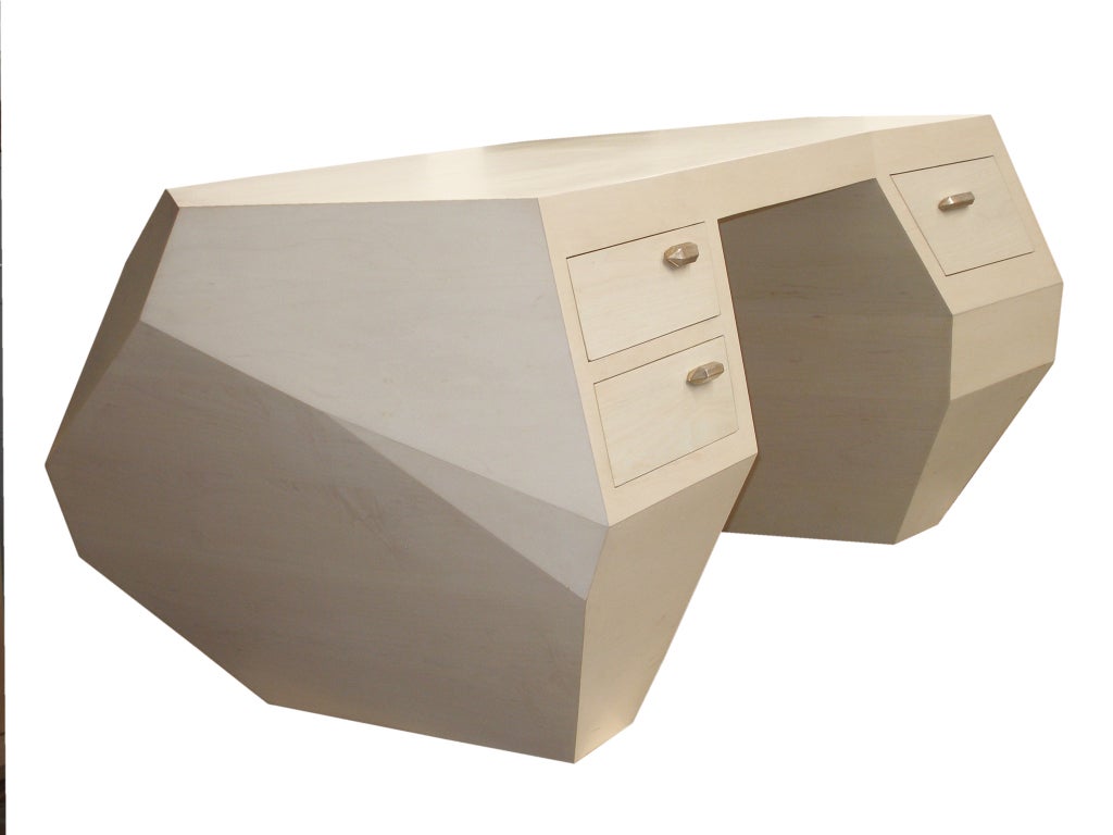 Suprematist Desk made of bleached maple, with antique silver leaf interior drawers and pulls. By order.