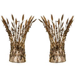 Mid-Century Pair of Italian Gilt Wheat Sconces 4