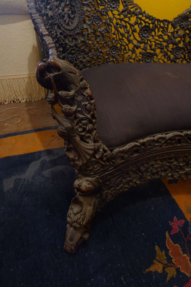 19th Century Highly Detailed Hand-Carved Burmese Settee, 1880s