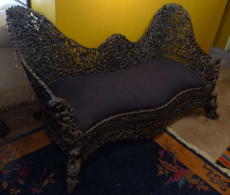 Highly Detailed Hand-Carved Burmese Settee, 1880s In Good Condition In Los Angeles, CA