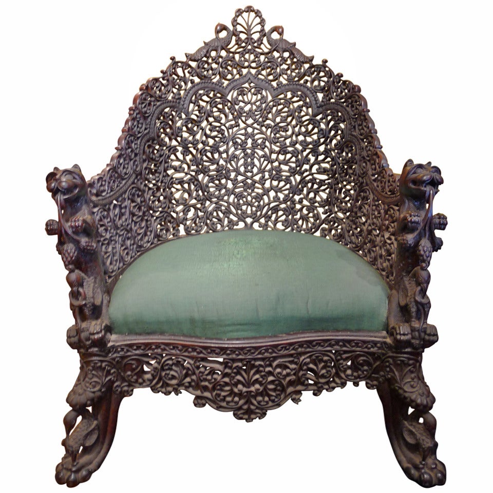 Intricately Hand-Carved Burmese Chair, 1880s