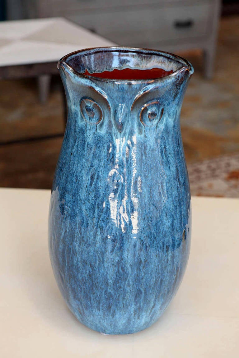 Tall ceramic owl vase with variegated blue colors, drip glaze. Visit the Paul Marra storefront to see more furnishings and lighting including 21st Century.