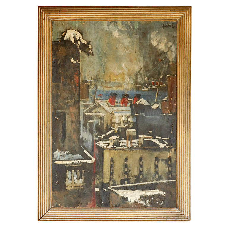 Oil Painting of Bear Overlooking Shipyard For Sale