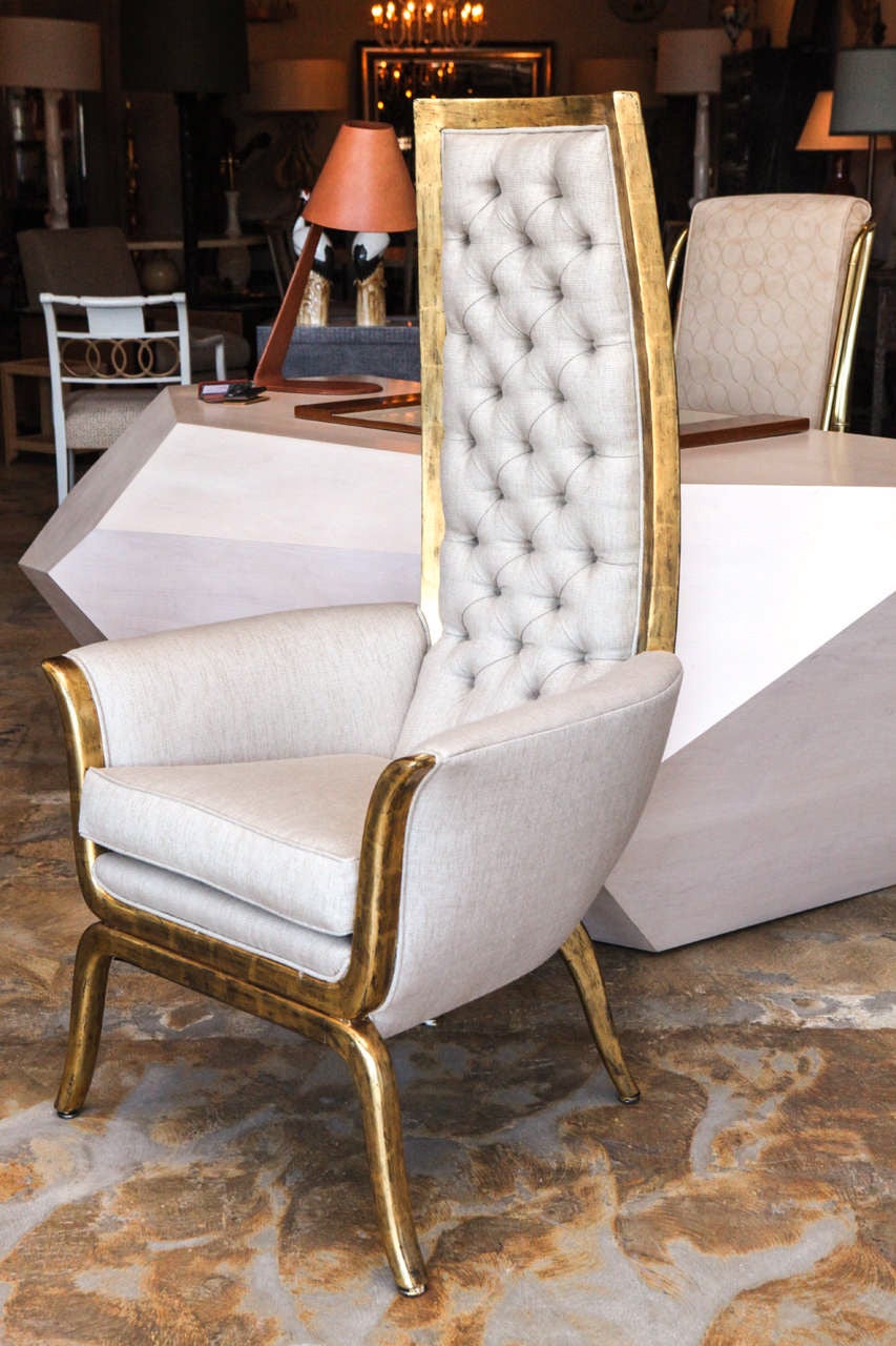 Pair of James Mont Style High Back Armchairs in 22Karat Gold For Sale