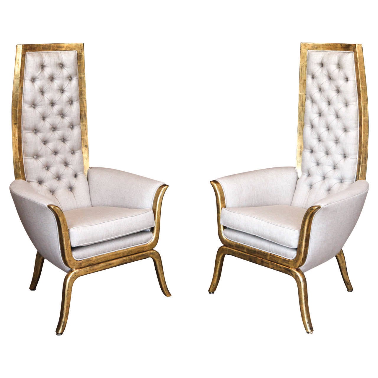 Pair of James Mont Style High Back Armchairs in 22-Karat Gold For Sale