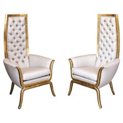 Pair of James Mont Style High Back Armchairs in 22-Karat Gold