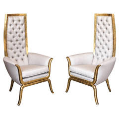 Pair of James Mont Style High Back Armchairs in 22-Karat Gold 9
