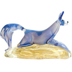 Cenedese Murano Blue Opalescent Fox on Gold Flecks Italian Art Glass Sculpture