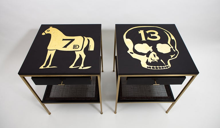 American Ebonized Bedside Tables with Brass Frame and DE Gold Leaf Images For Sale