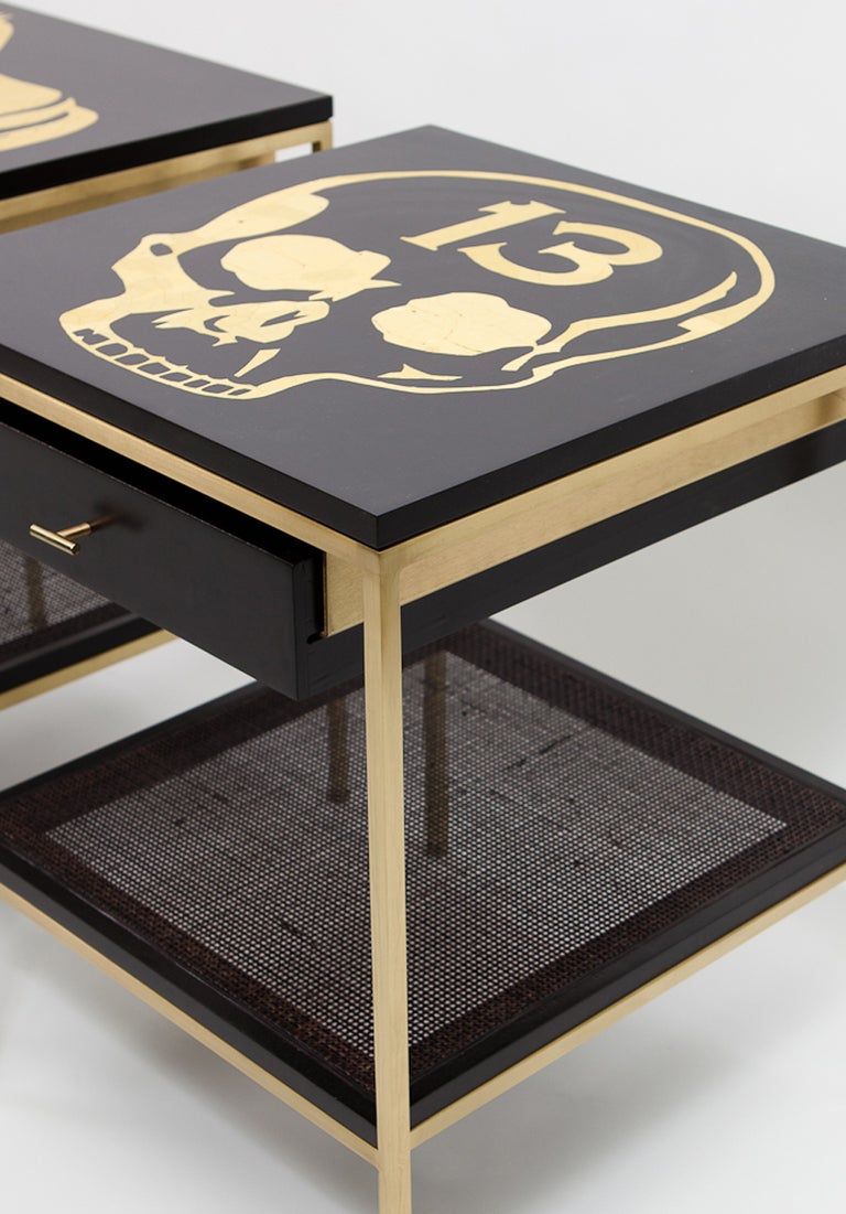 Ebonized Bedside Tables with Brass Frame and DE Gold Leaf Images For Sale 2