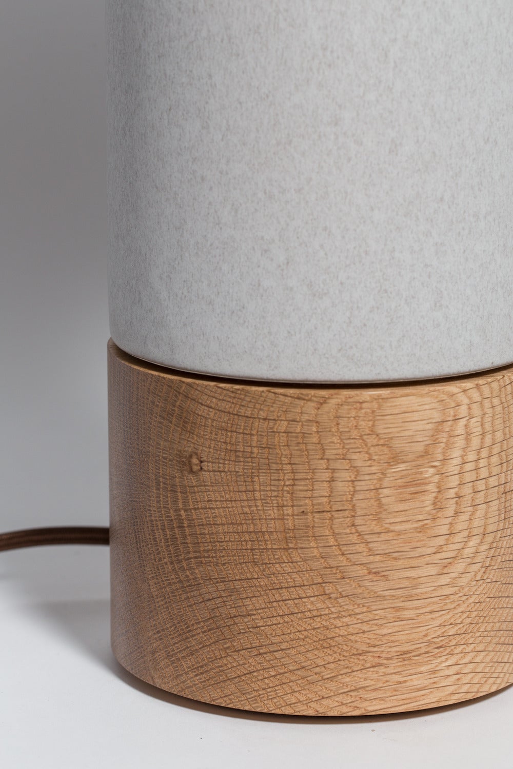 Short Baxter oak and ceramic table lamps, mfg. by Stone and Sawyer, exclusively for reGeneration. Mfg. in upstate New York. 