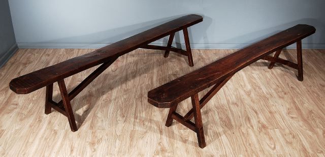 A Pair of French Stained Oak Narrow Benches