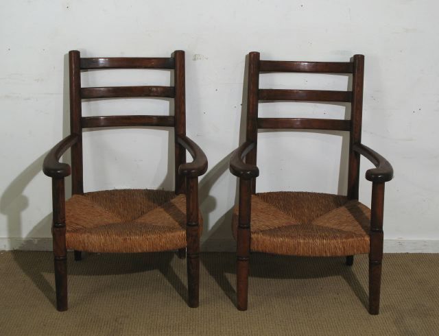 Pair of French Oak and Rush Ladder Back Armchairs