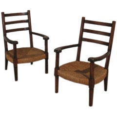 Pair of French Oak and Rush Ladder Back Armchairs
