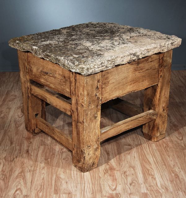 A Rustic French Bleached Oak and Limestone Center Table