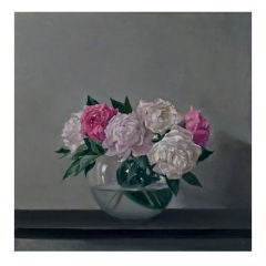 Pink and White Peonies in Large Round Glass Vase