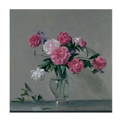 Peonies and Purple Geranium in  Glass Vase