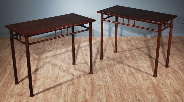 A Pair of Spanish Walnut and Metal Consoles