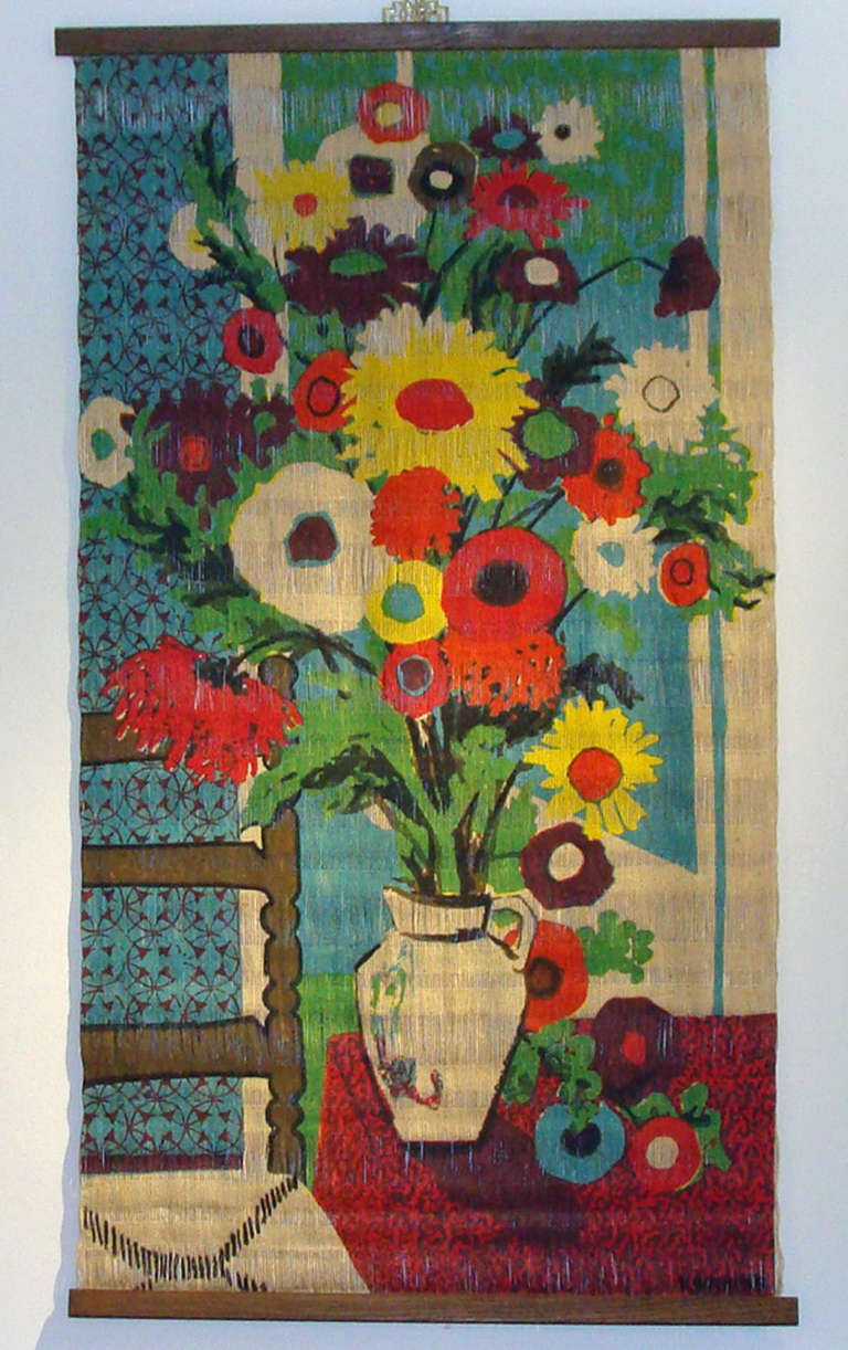 Beautiful floral still life,  hand-painted on a woven textile.