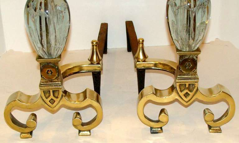 Brass and Crystal Andirons In Excellent Condition In Lambertville, NJ