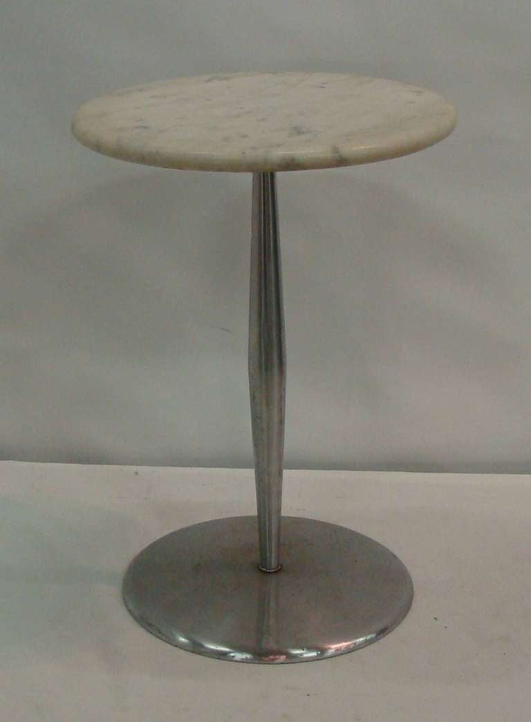 Rarely seen marble top side table by Erwine and Estelle Laverne for Laverne Originals.  Stem and base are polished steel.  Signed on underside of base.