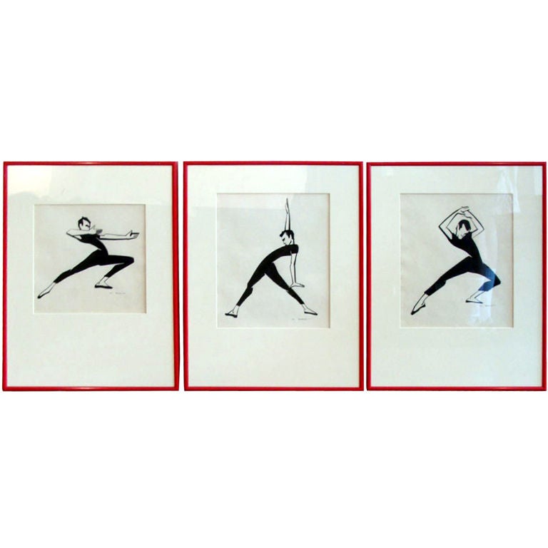 Set of Three India Ink Drawings of Famed Dancer Luigi